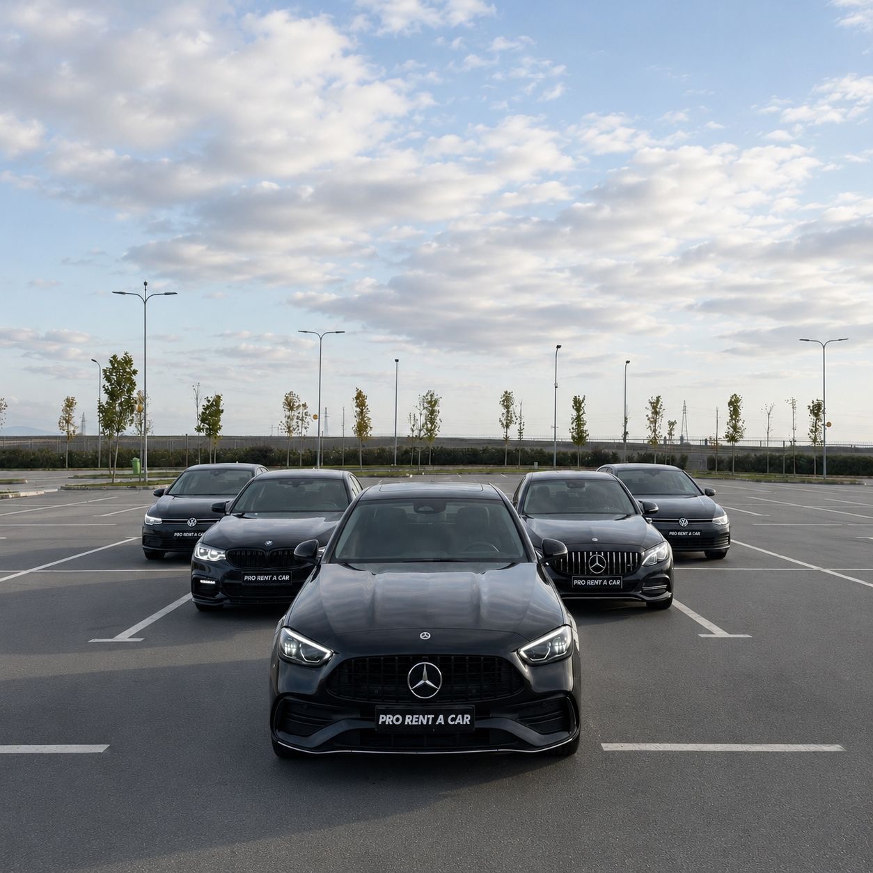 Pro Rent a Car premium black fleet lined up in formation